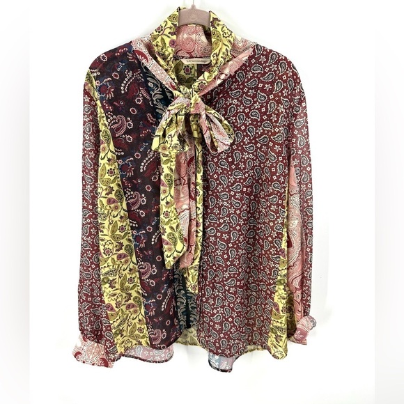 Soft Surroundings Womens Langdon Top Size XL Patchwork Paisley Tie Neck Blouse - Picture 1 of 10